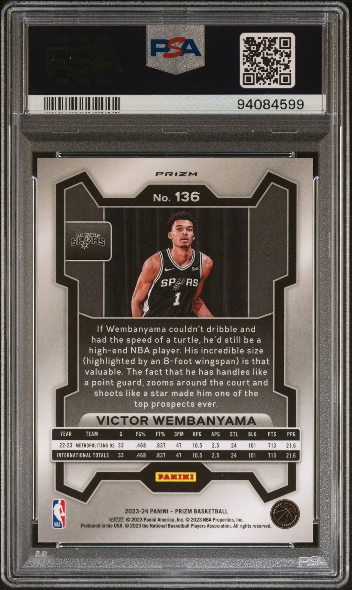 2023 Panini Prizm Victor Wembanyama #136 (Silver Prizm) Mint 9 back
