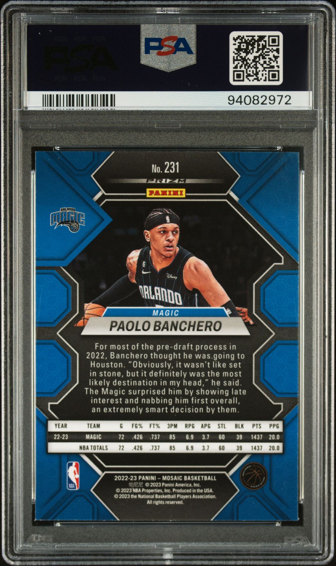 2022 Panini Mosaic Paolo Banchero #231 (Mosaic) Gem Mt 10 back