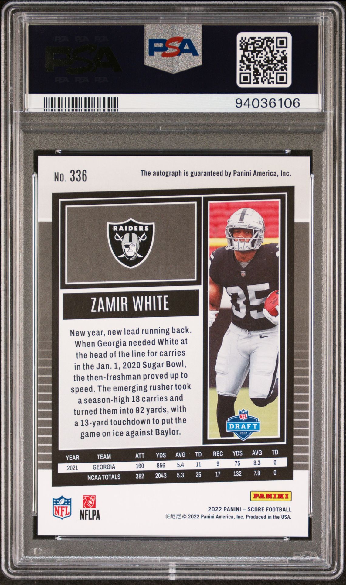 2022 Panini Score Zamir White #336 (Autograph-Red Zone) Gem Mt 10 back