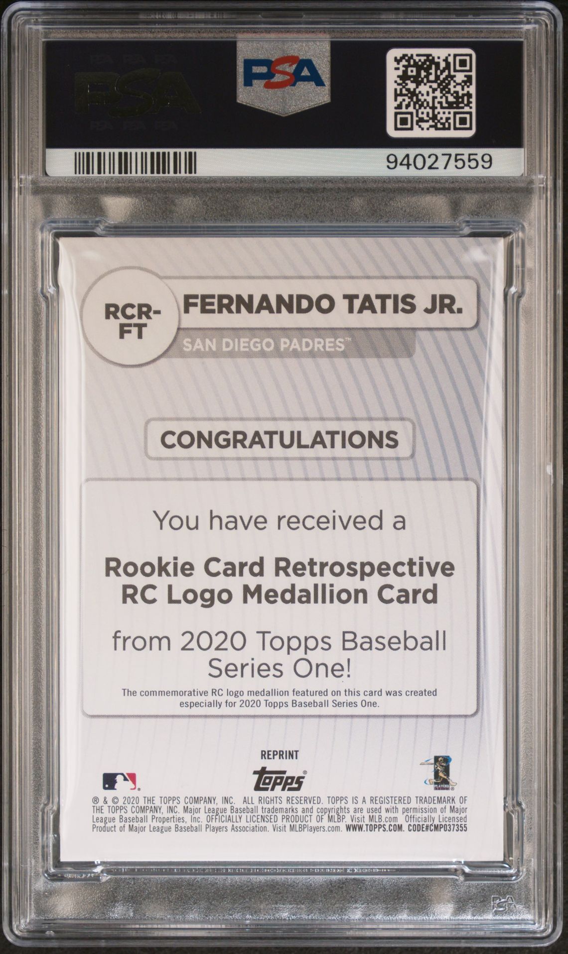 2020 Topps Rookie Card Retrospective Rc Logo Medallion Manufactured Relics Fernando Tatis Jr. #Rcrft (Rc.rtr.rc.lg.md.mf.relics) Mint 9 back
