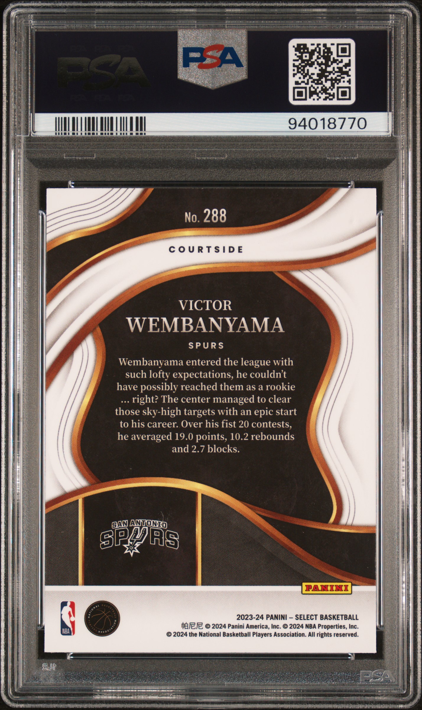 2023 Panini Select Victor Wembanyama #288 (Blue) Gem Mt 10 back