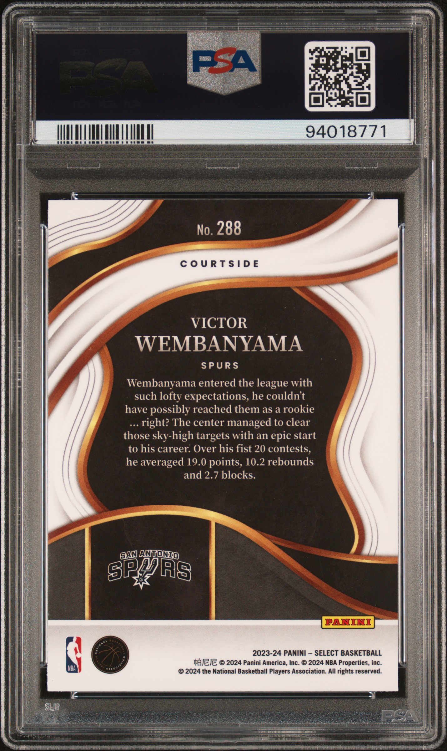 2023 Panini Select Victor Wembanyama #288 (Blue) Gem Mt 10 back