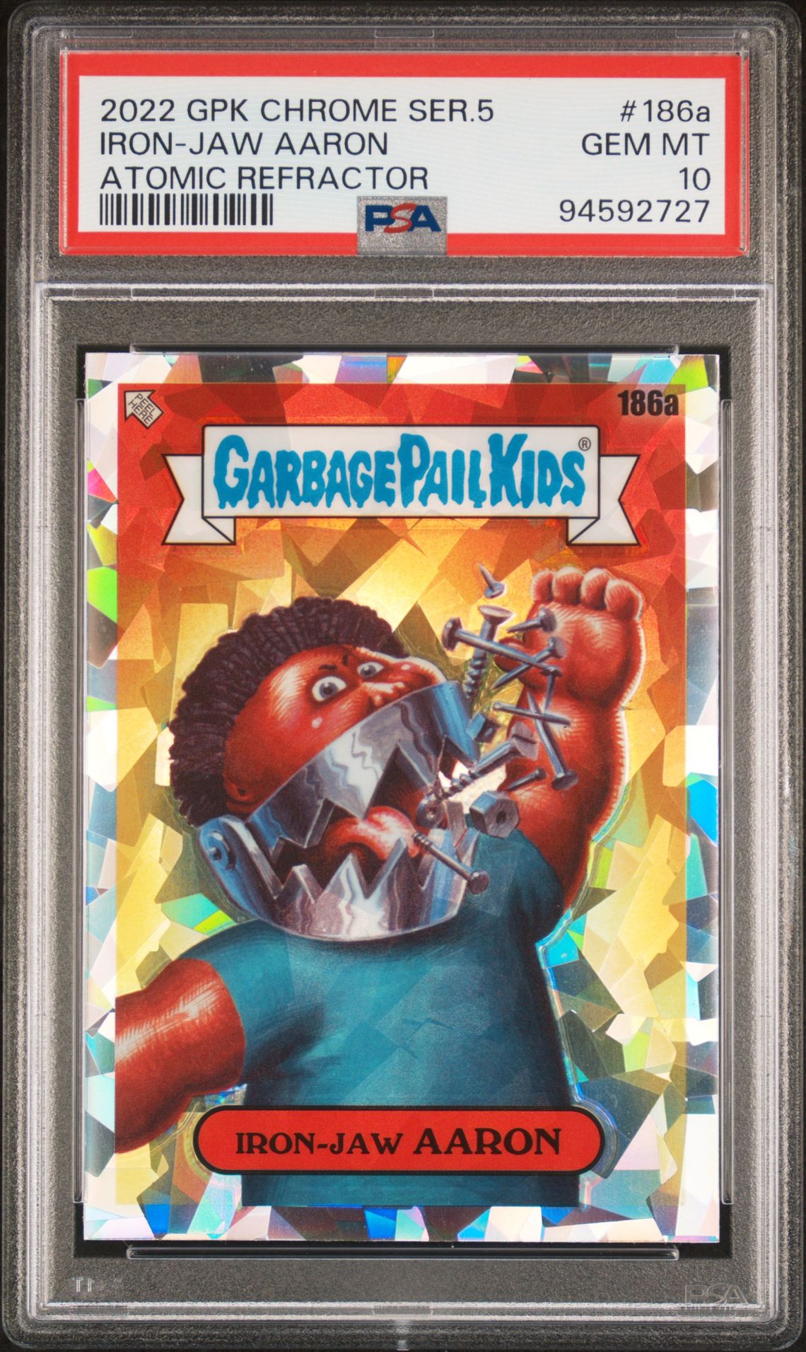 2022 Topps GARBAGE PAIL KIDS CHROME Atomic Refractor #186A Iron-Jaw Aaron front