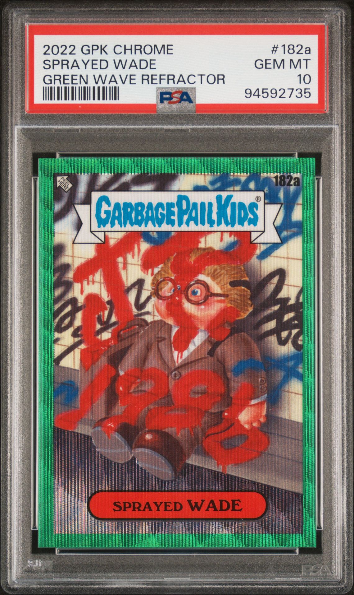 2022 Topps Garbage Pail Kids GREEN WAVE REFRACTOR #182A Sprayed Wade front