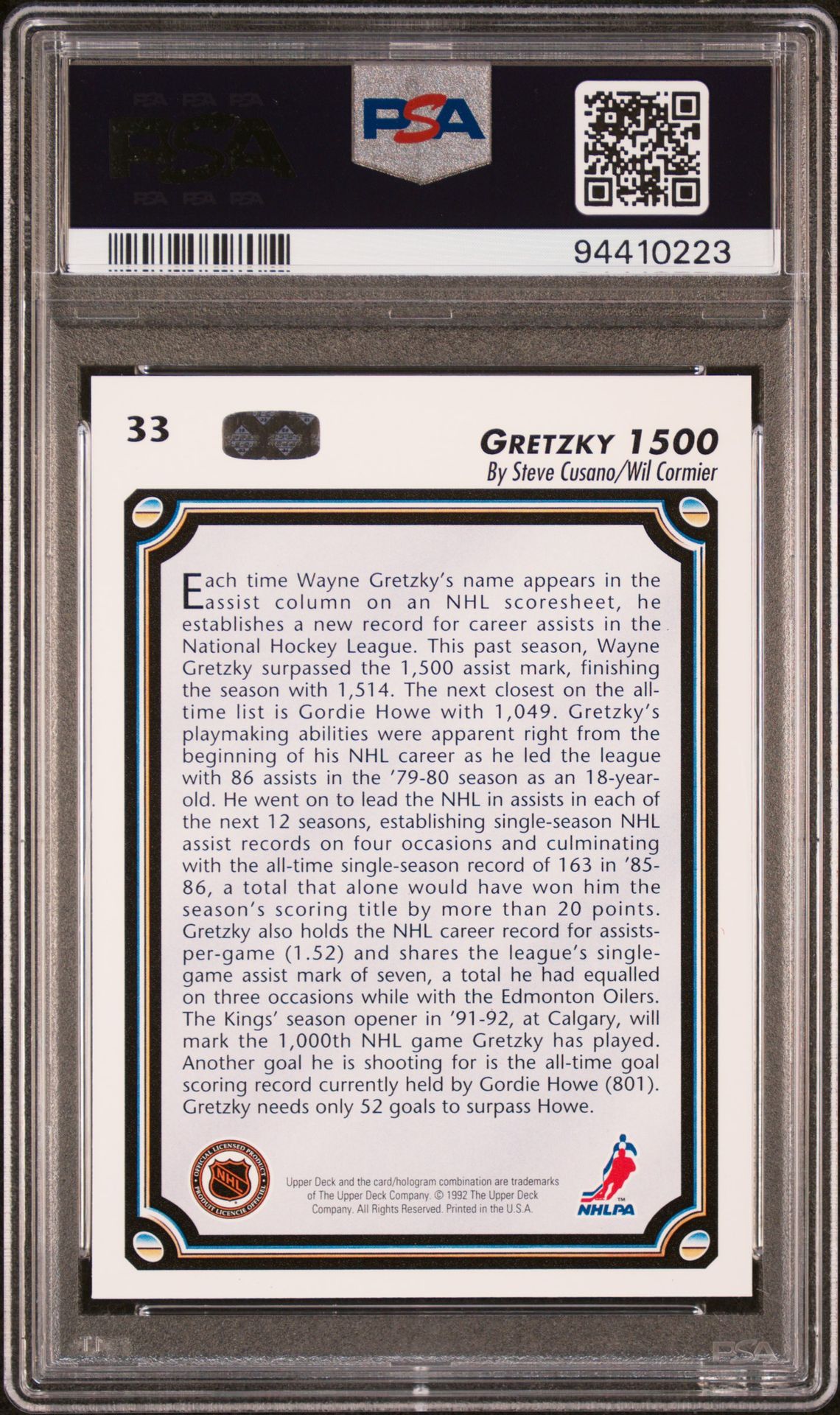 1992 Upper Deck Gretzky 1500 #33 Gem Mt 10 back