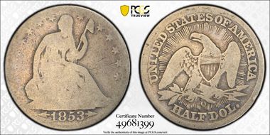 1853-O 50C Arrows and Rays AG3