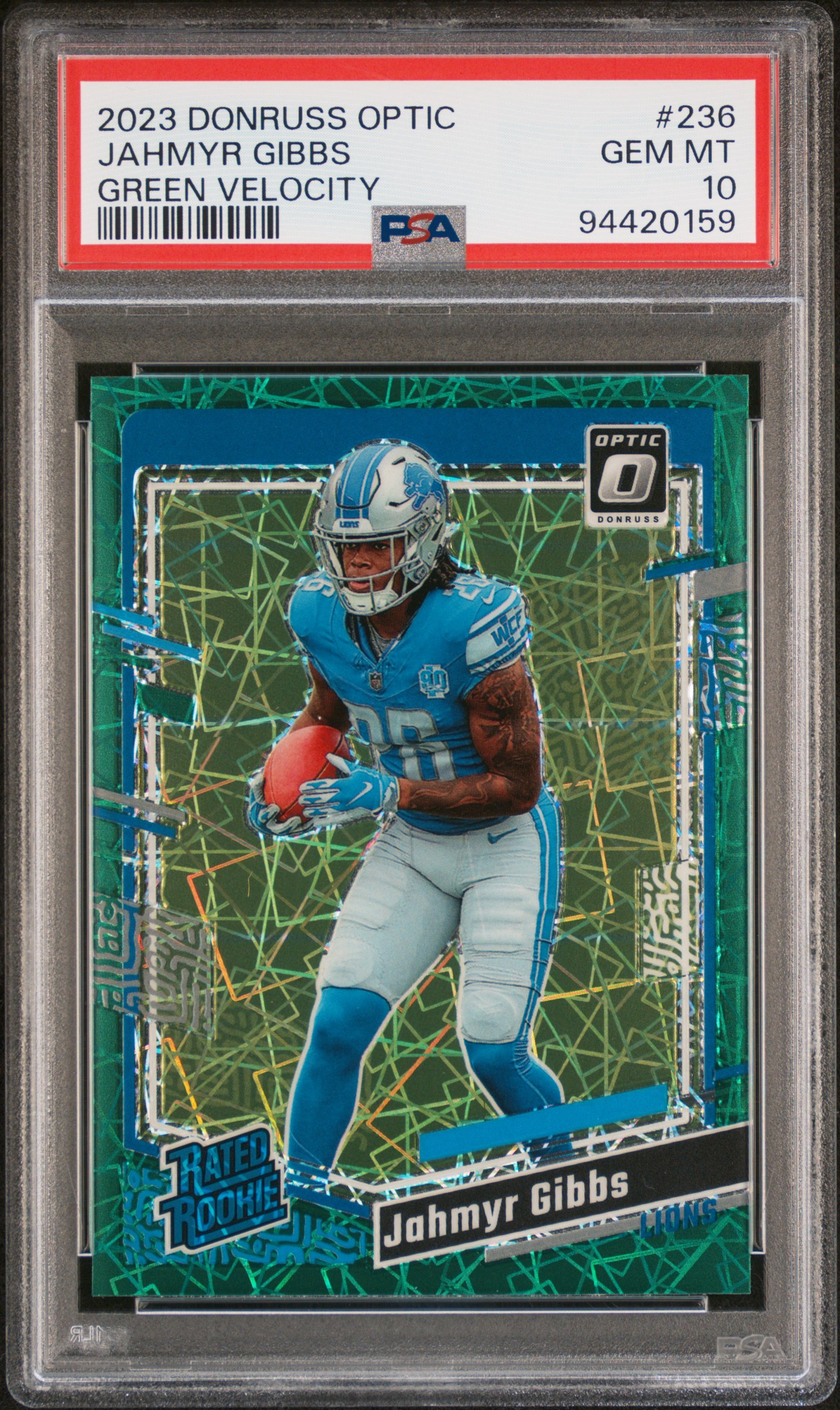2023 Panini Donruss Optic Jahmyr Gibbs #236 (Green Velocity) Gem Mt 10 front
