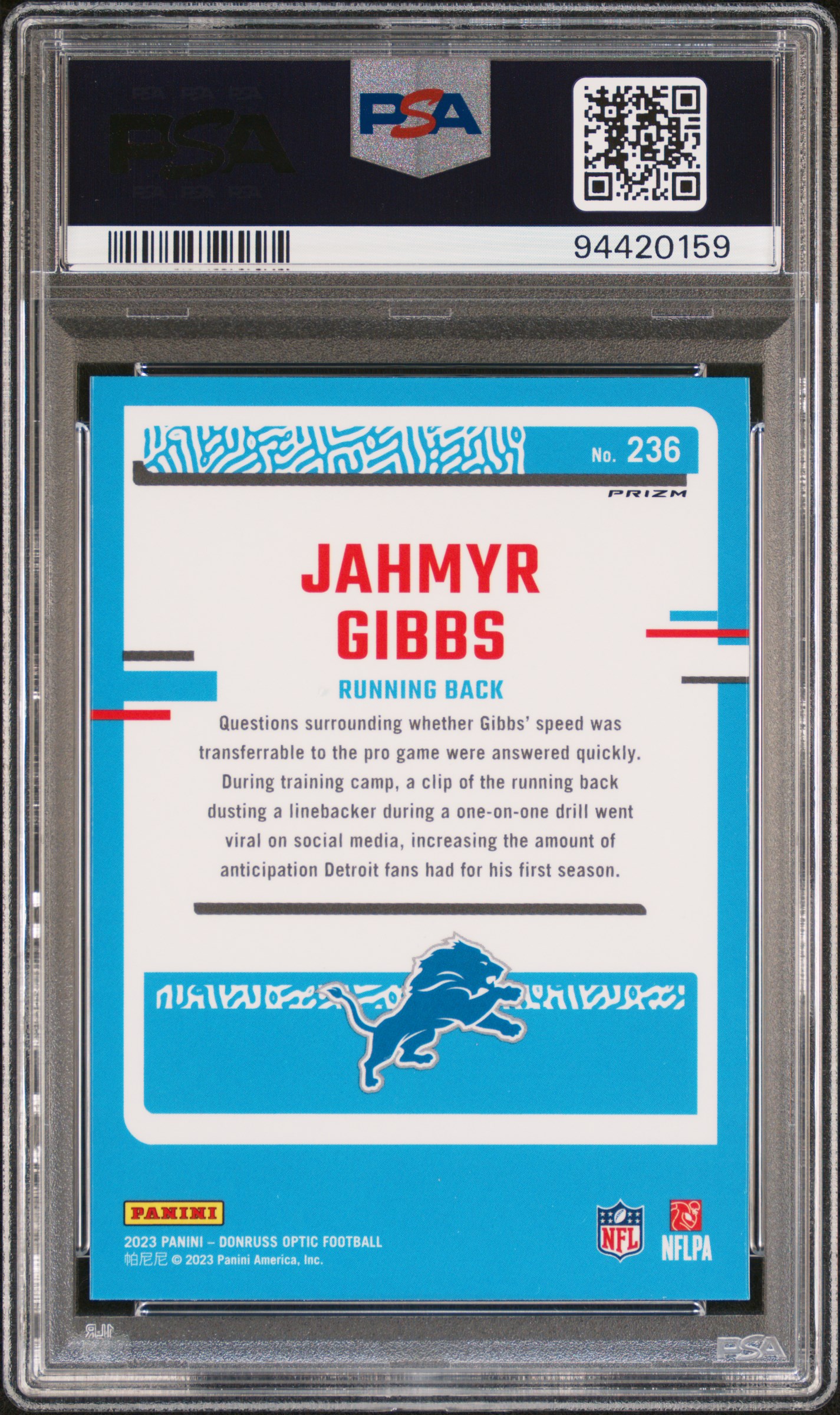 2023 Panini Donruss Optic Jahmyr Gibbs #236 (Green Velocity) Gem Mt 10 back