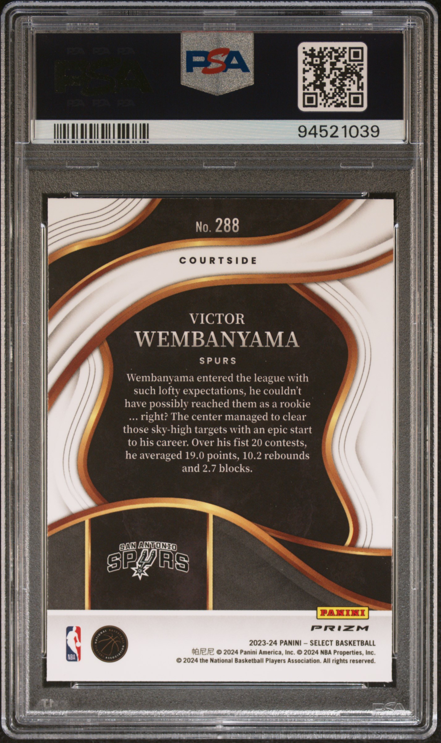 2023 Panini Select Victor Wembanyama #288 (Tectonic) Gem Mt 10 back