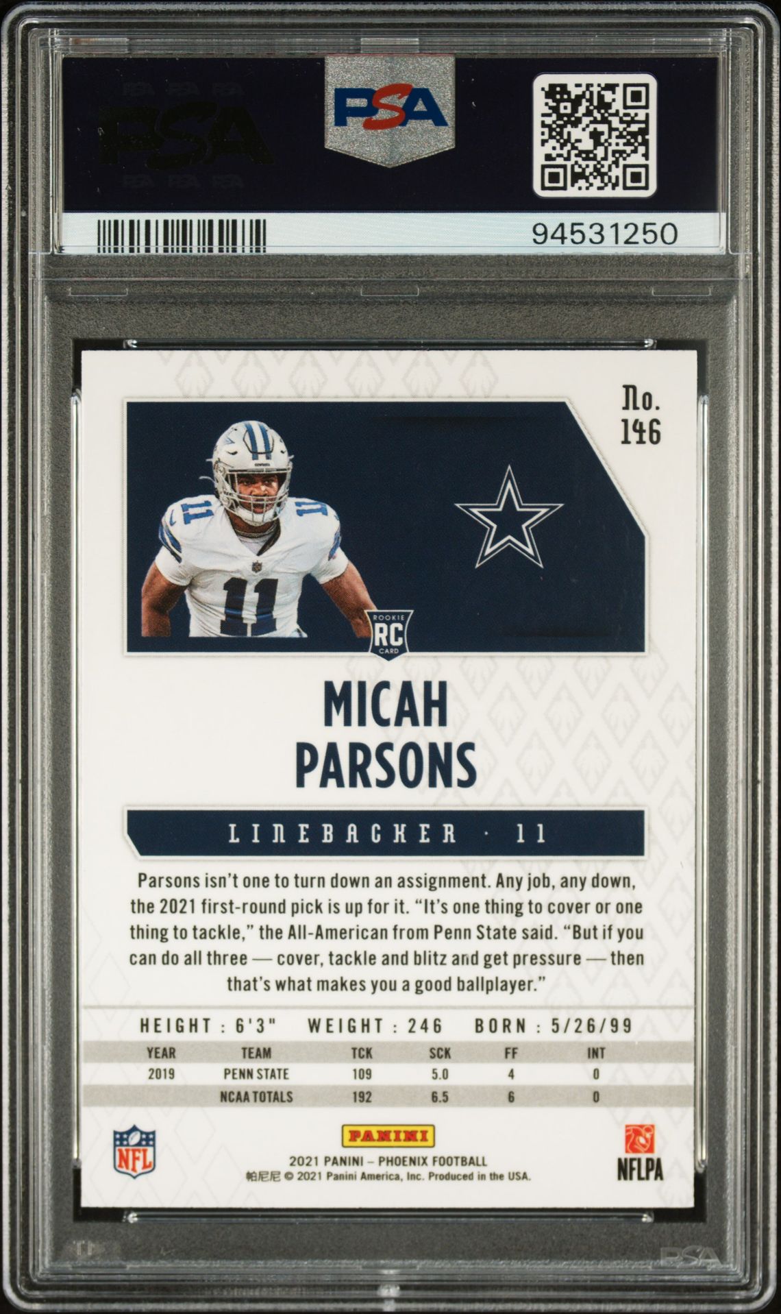 2021 Panini Phoenix Micah Parsons #146 (Fire Burst) Gem Mt 10 back