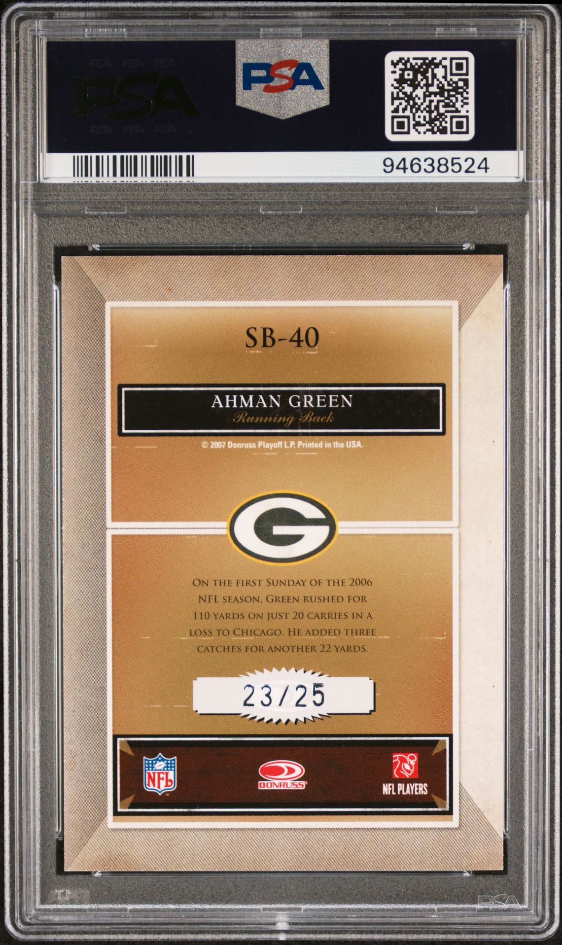 2007 Donruss Classics Sunday's Best Ahman Green #Sb-40 (Sunday's Best-Platinum) Mint 9 back