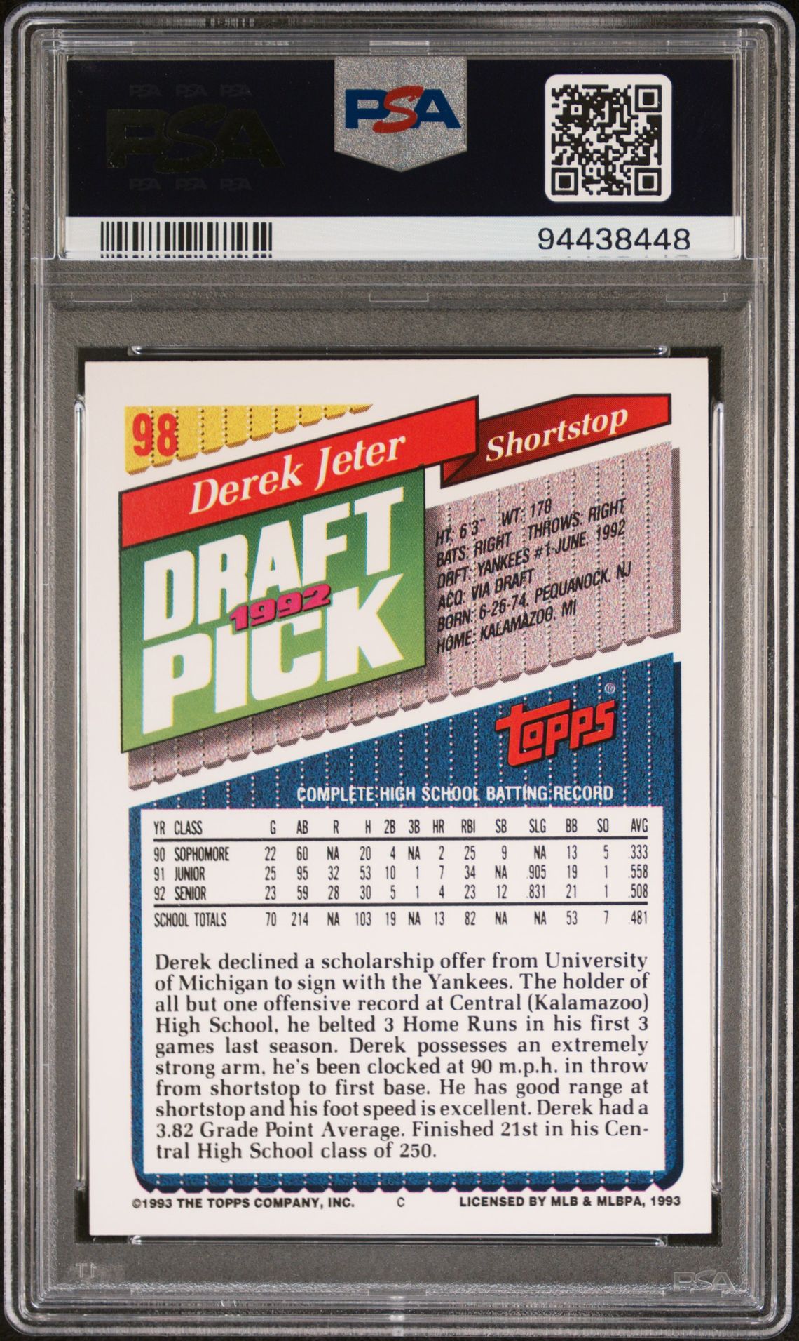 1993 Topps Derek Jeter #98 Nm-Mt 8 back