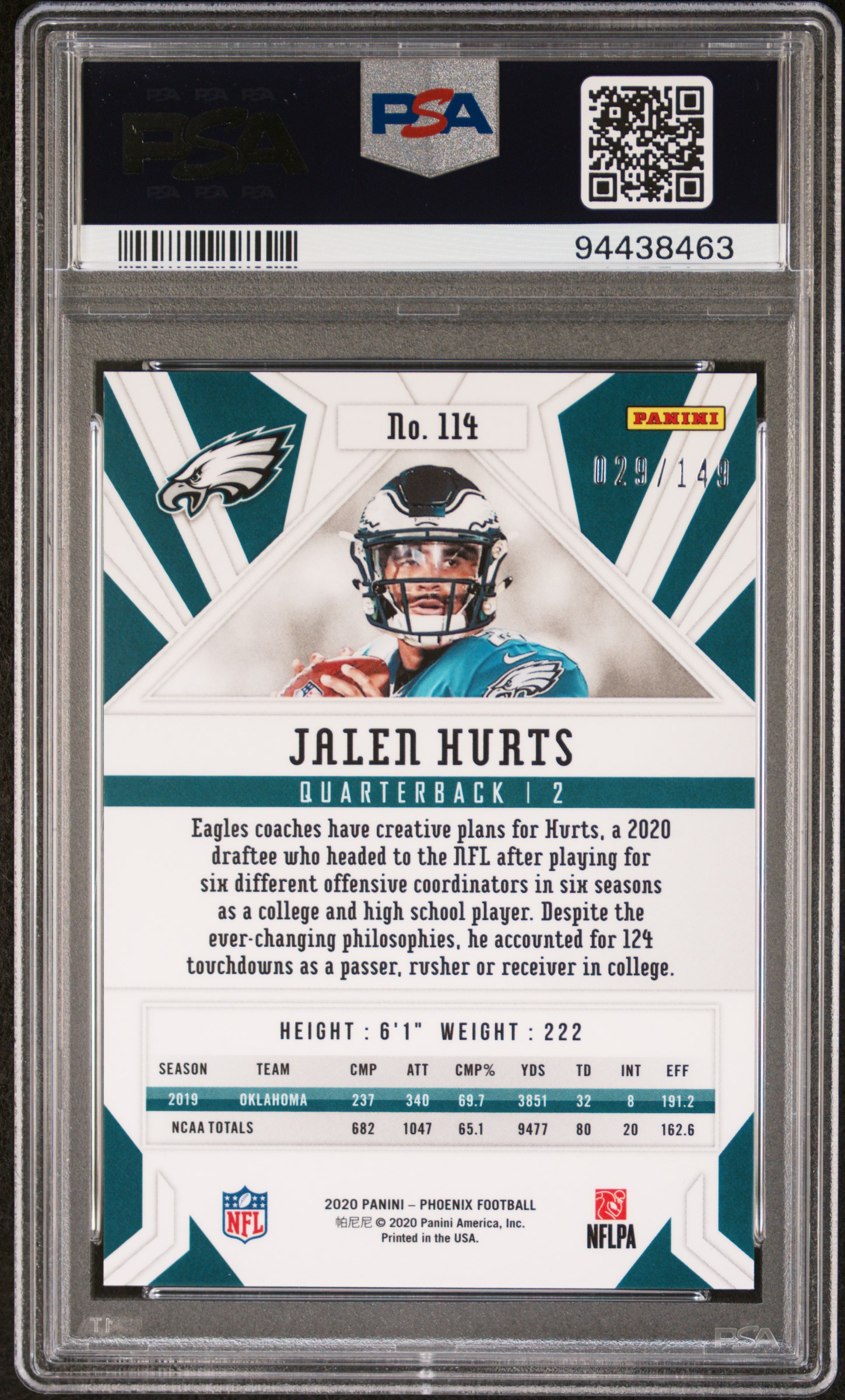 2020 Panini Phoenix Jalen Hurts #114 (Purple) Mint 9 back