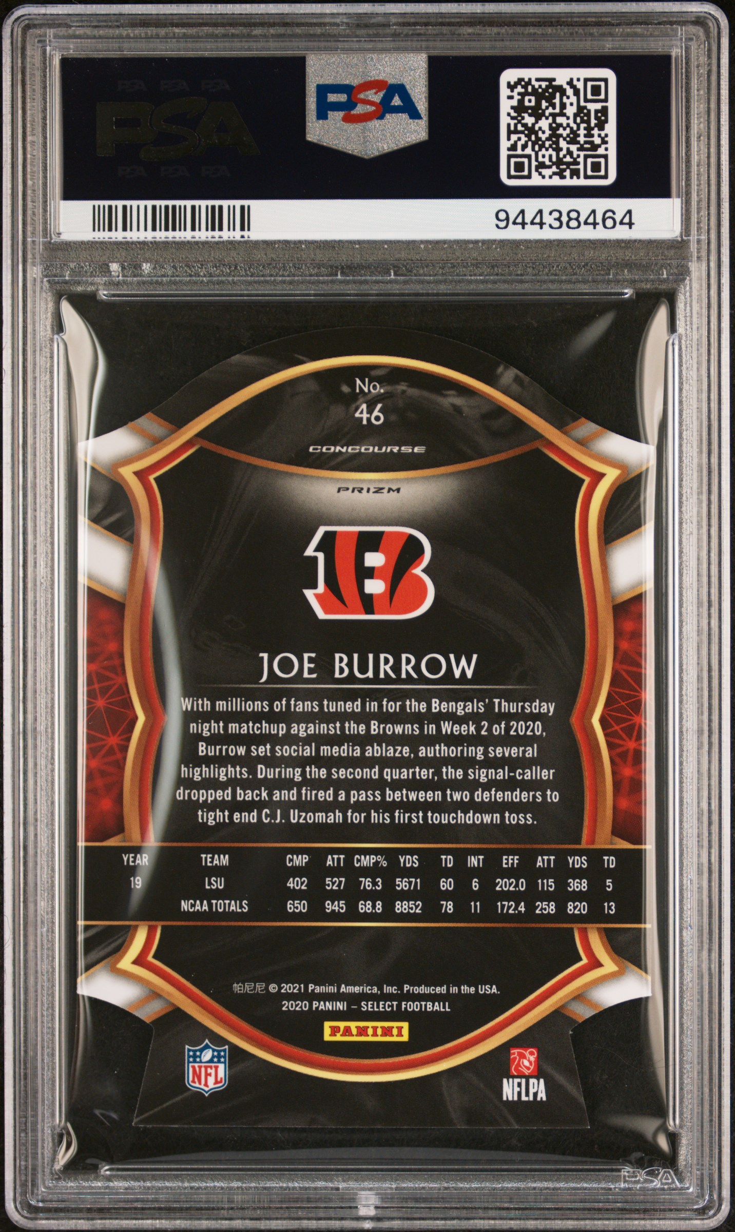 2020 Panini Select Joe Burrow #46 (Die-Cut Maroon Prizm) Mint 9 back