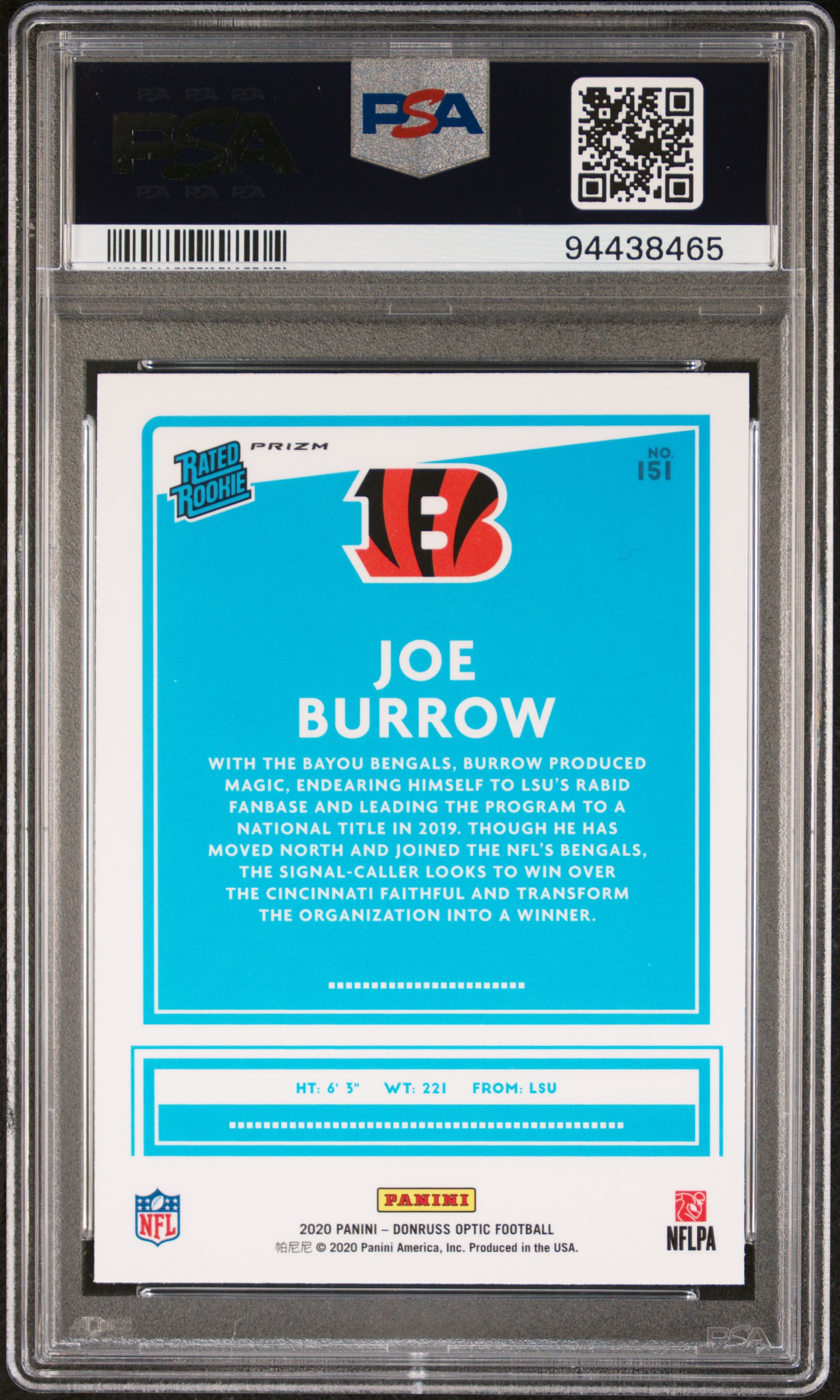 2020 Panini Donruss Optic Joe Burrow #151 (Blue Hyper) Mint 9 back