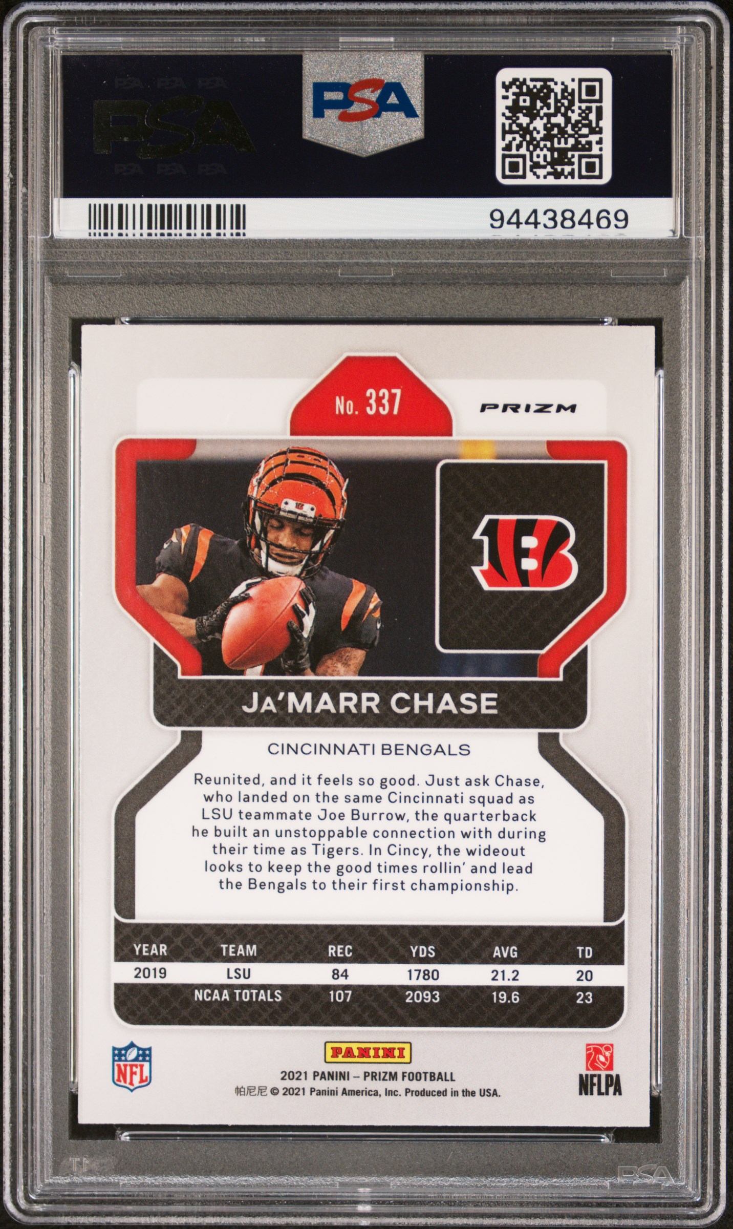 2021 Panini Prizm Ja’marr Chase #337 (Neon Green Pulsar) Mint 9 back