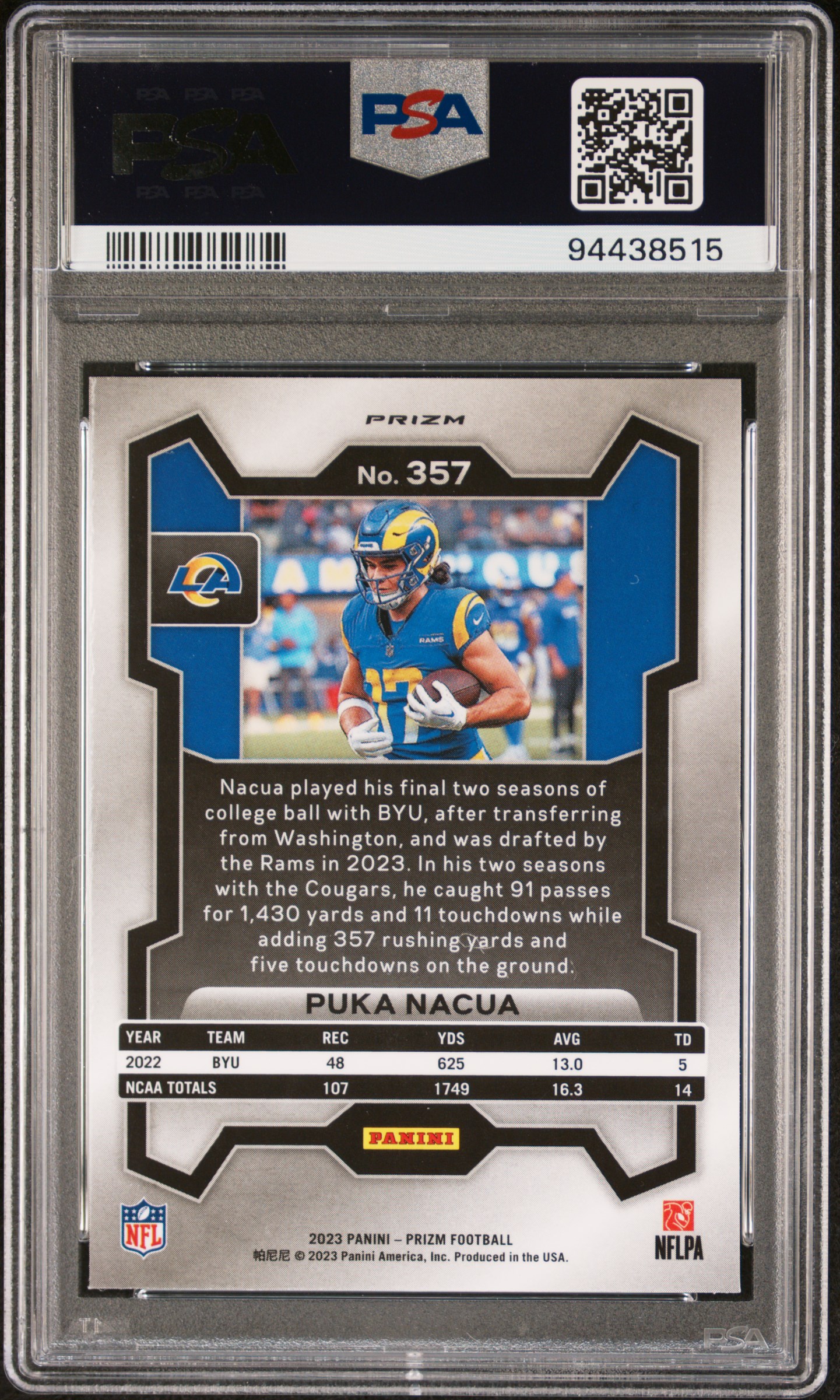 2023 Panini Prizm Puka Nacua #357 (Lazer Prizm) Mint 9 back