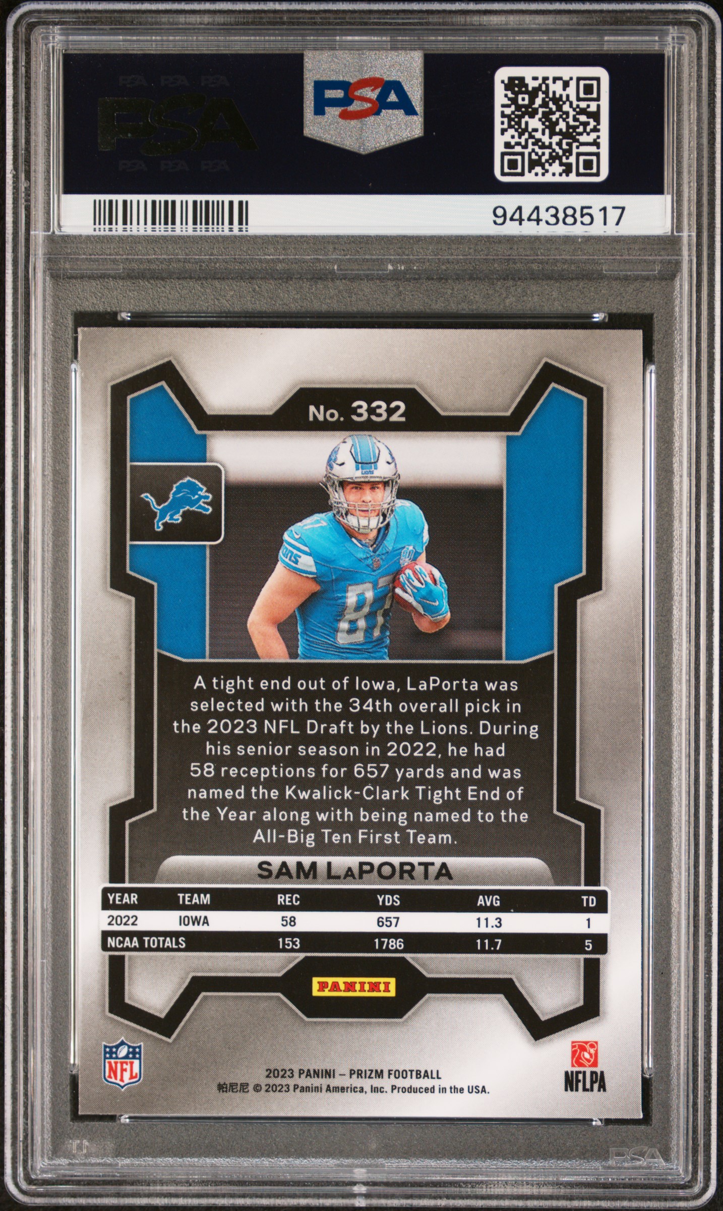 2023 Panini Prizm Sam Laporta #332 Mint 9 back