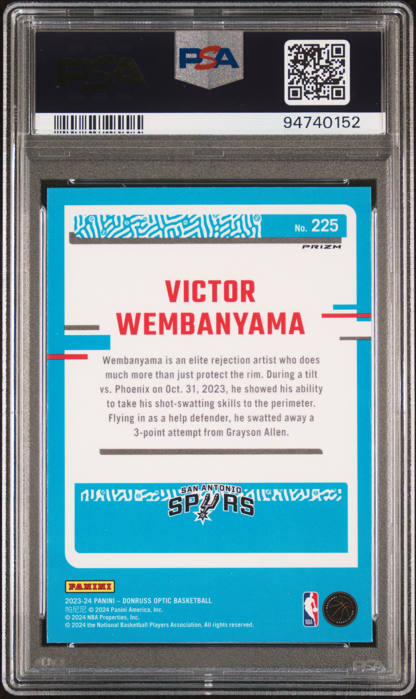 2023 Panini Donruss Optic Victor Wembanyama #225 (Hyper Pink) Gem Mt 10 back