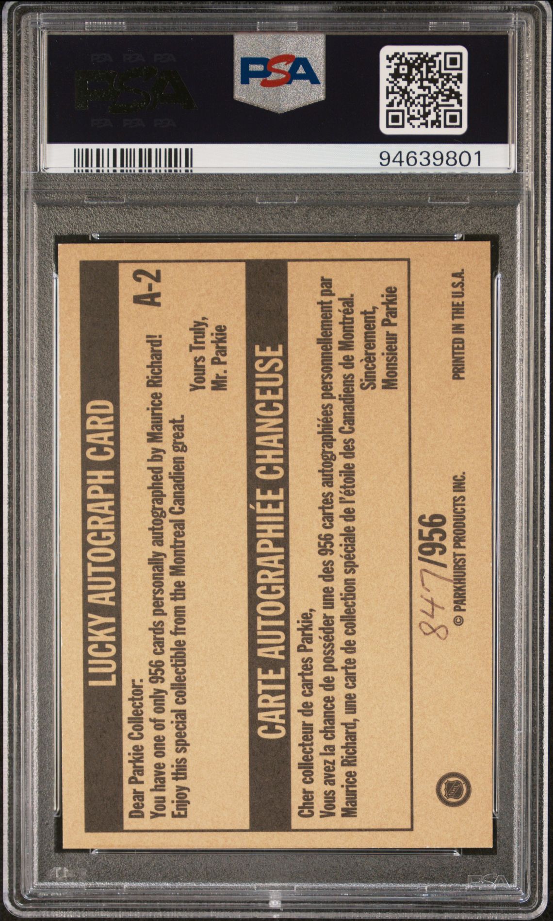 1994 Parkhurst Missing Link Maurice Richard #A-2 (Missing Link-Auto.) Mint 9 back