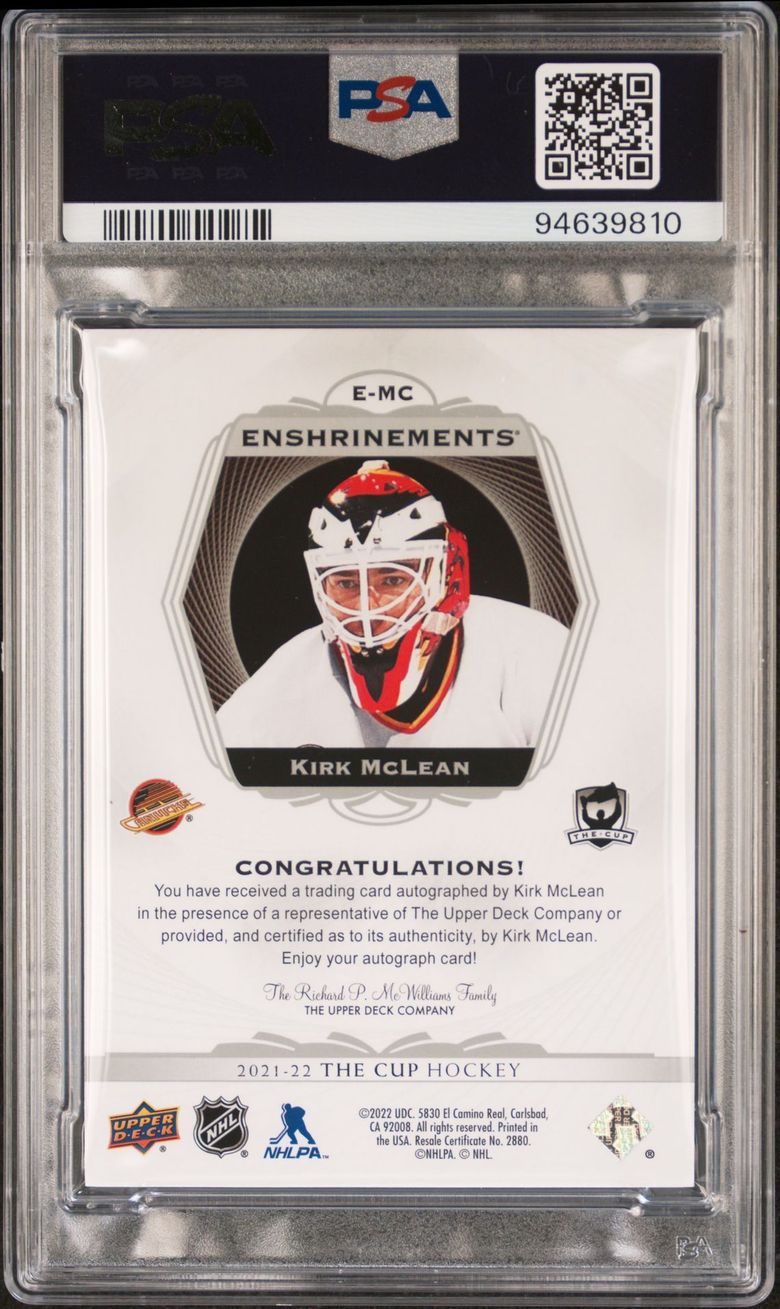 2021 Upper Deck The Cup Enshrinements Autographs Kirk Mclean #Emc (Enshrinements Auto.) Nm-Mt 8 back