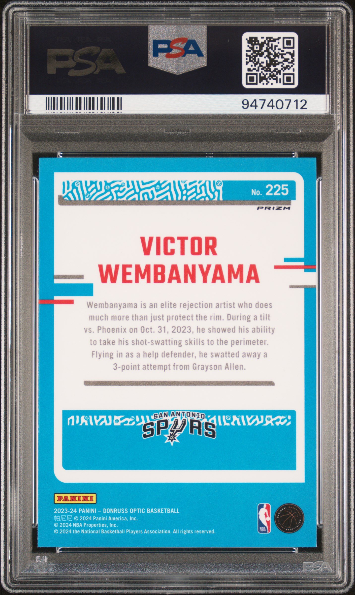 2023 Panini Donruss Optic Victor Wembanyama #225 (Hyper Pink) Gem Mt 10 back