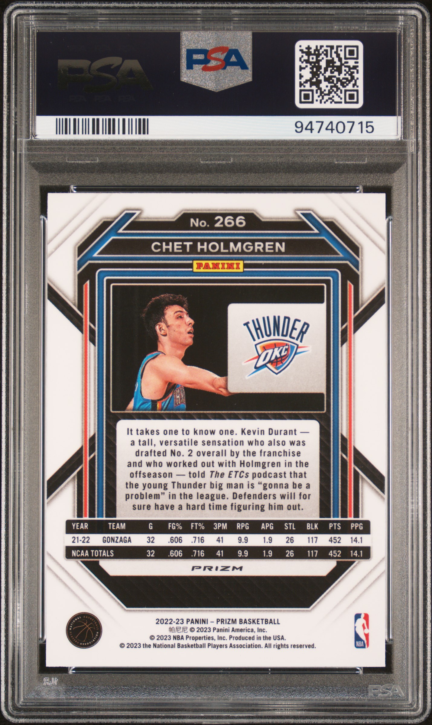 2022 Panini Prizm Chet Holmgren #266 (Red Ice) Gem Mt 10 back