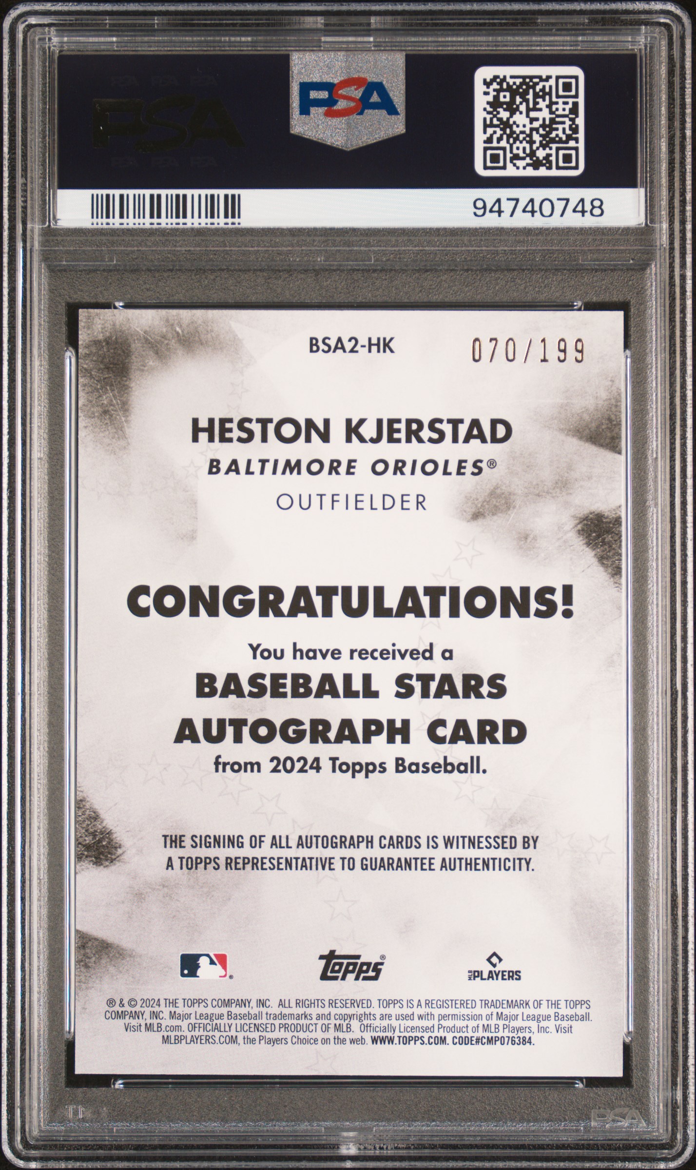 2024 Topps Baseball Stars Autographs Heston Kjerstad #Bsa2Hk (Baseball Stars Auto-Black) Gem Mt 10 back