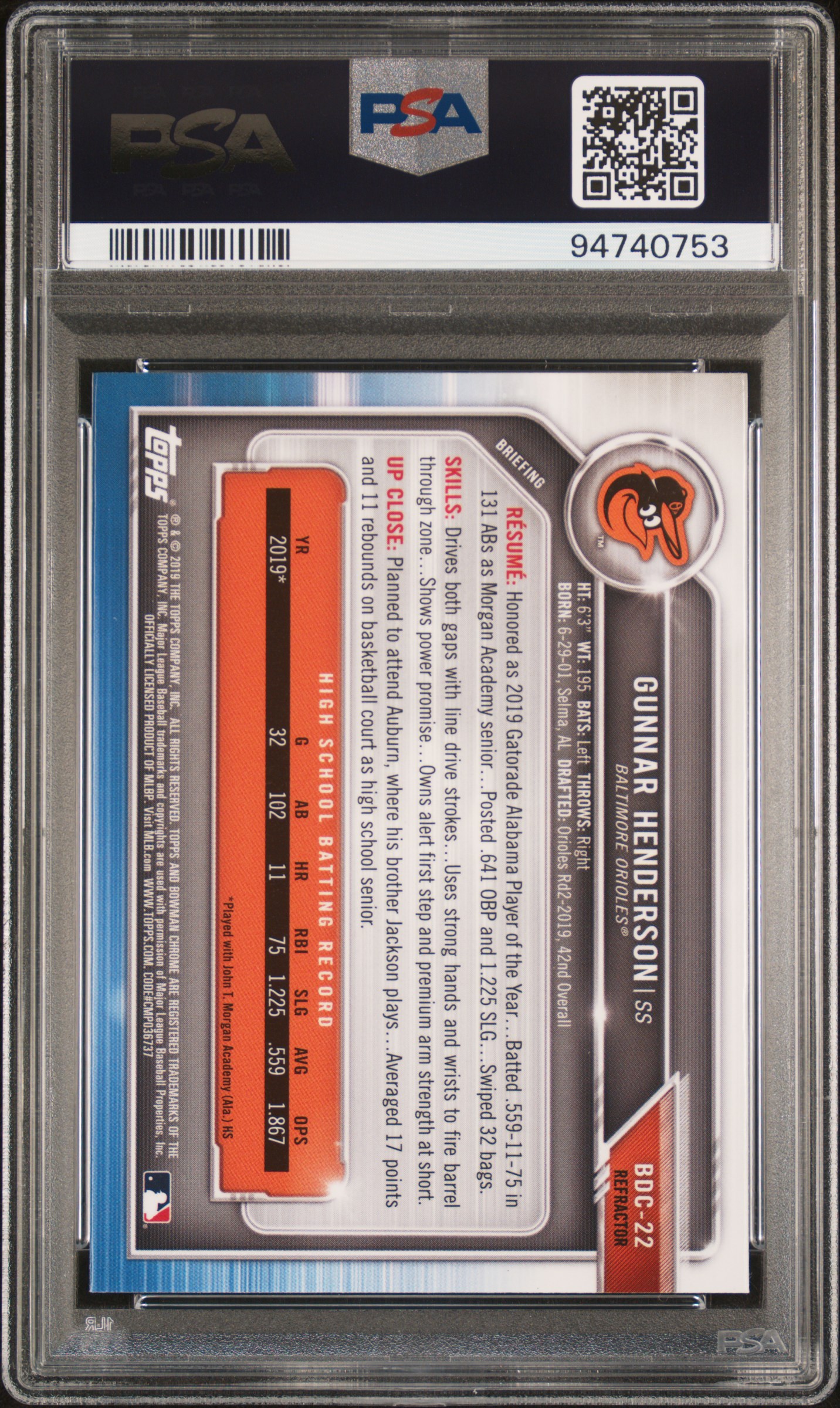 2019 Bowman Draft Gunnar Henderson #Bdc22 (Chrome-Refractor) Gem Mt 10 back