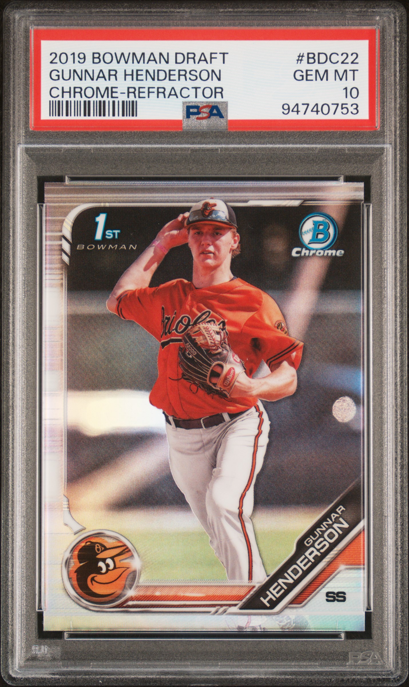 2019 Bowman Draft Gunnar Henderson #Bdc22 (Chrome-Refractor) Gem Mt 10 front