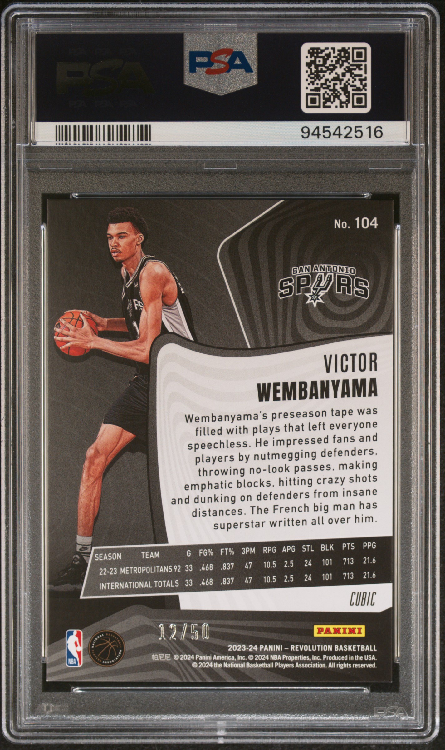 2023 Panini Revolution Victor Wembanyama #104 (Cubic) Mint 9 back