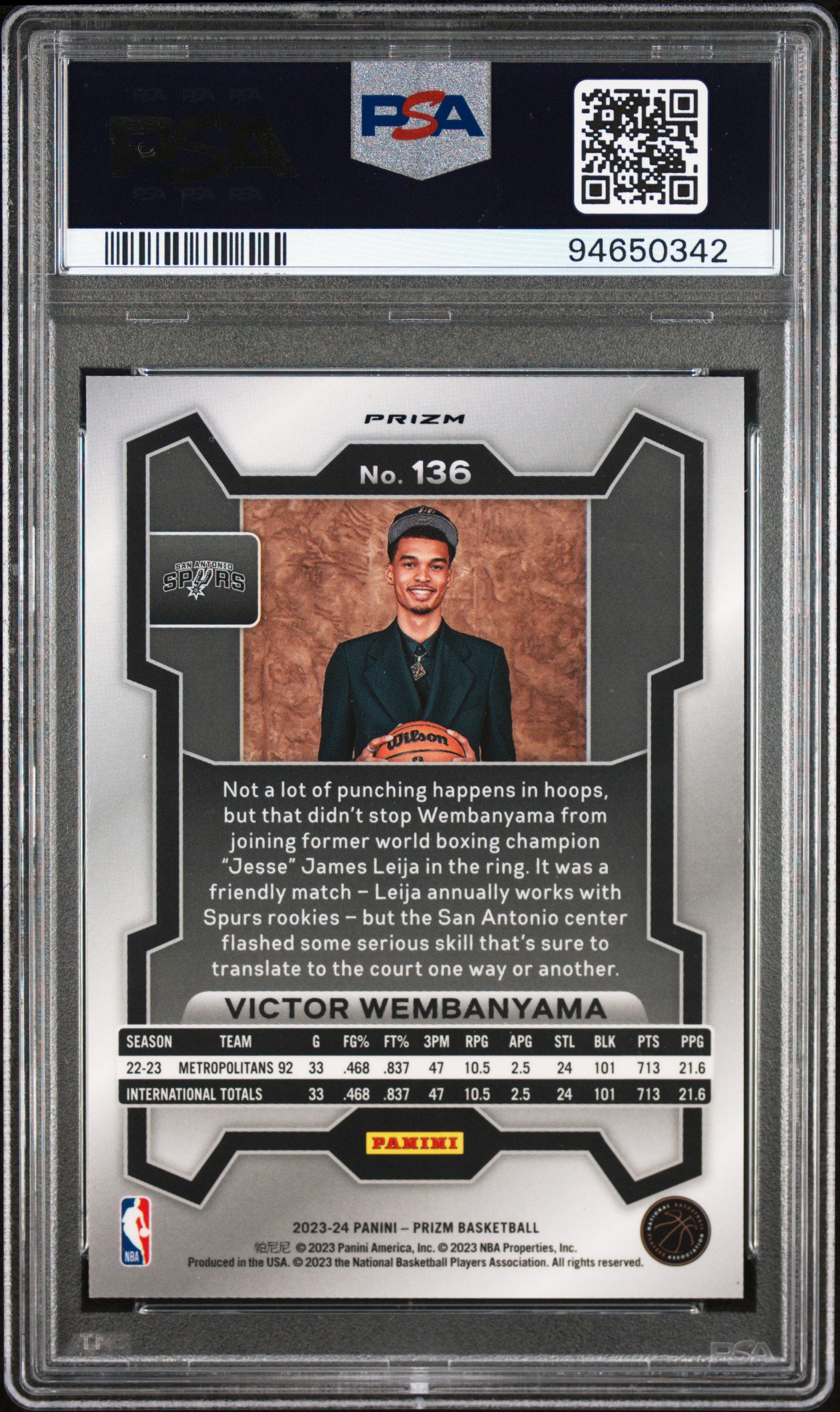 2023 Panini Prizm Victor Wembanyama #136 (Variation-Fast Break) Gem Mt 10 back