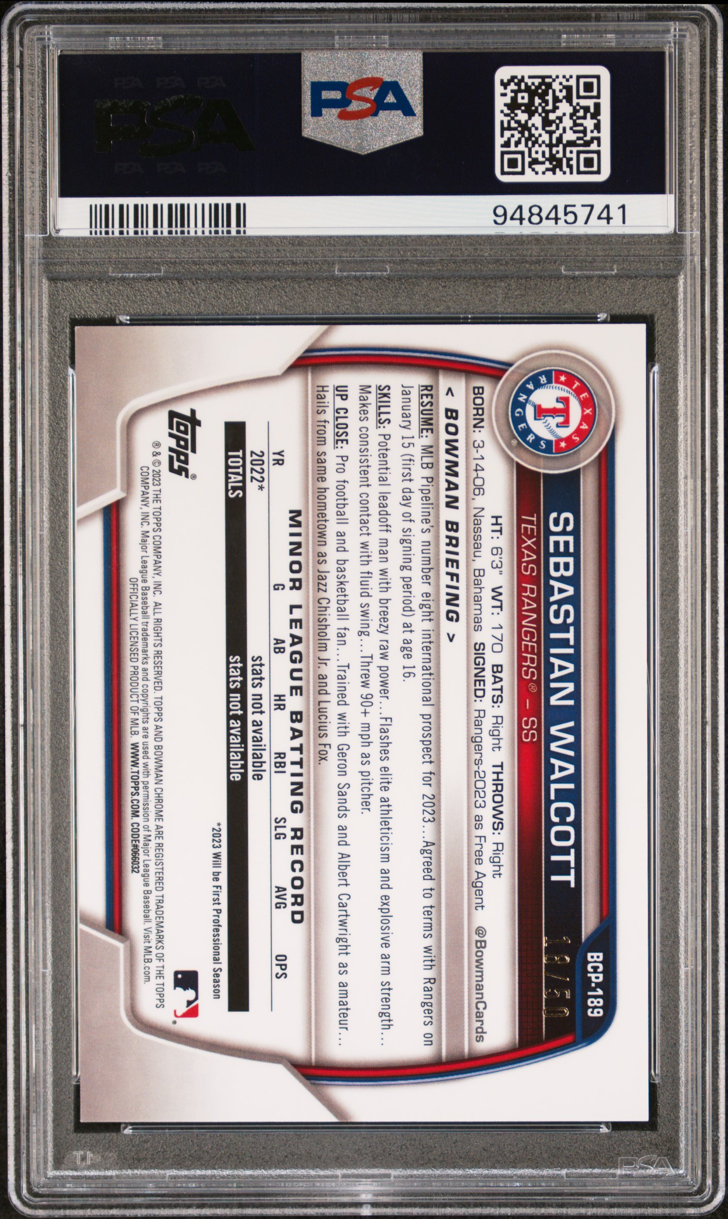 2023 Bowman Mega Box Chrome Sebastian Walcott #189 (Gold Refractor) Nm-Mt 8 back