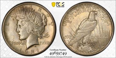 1921 $1 High Relief, Peace AU53