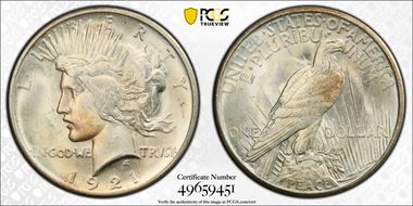 1921 $1 High Relief, Peace MS65+ 
