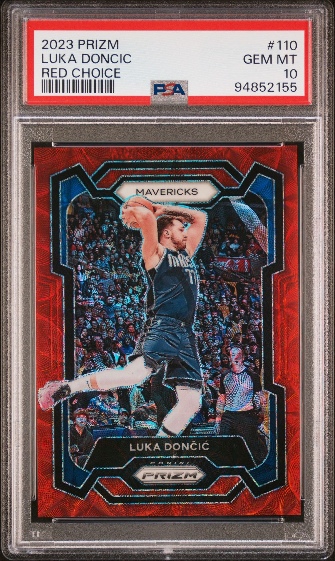 2023 Panini Prizm Luka Doncic #110 (Red Choice) Gem Mt 10 front view - PSA graded GEM MT 10