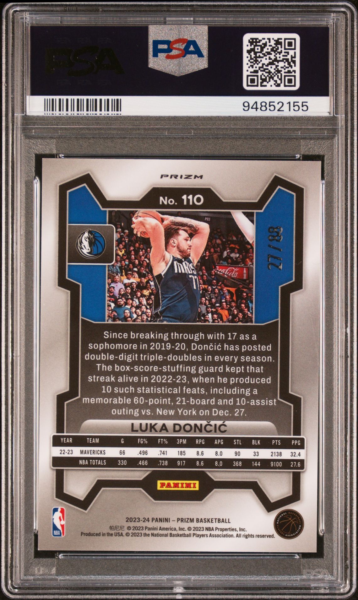 2023 Panini Prizm Luka Doncic #110 (Red Choice) Gem Mt 10 back view - PSA certificate #94852155