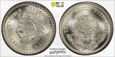 1948-Mo 5 Peso Cuauhtemoc KM-465 Ag MS67+