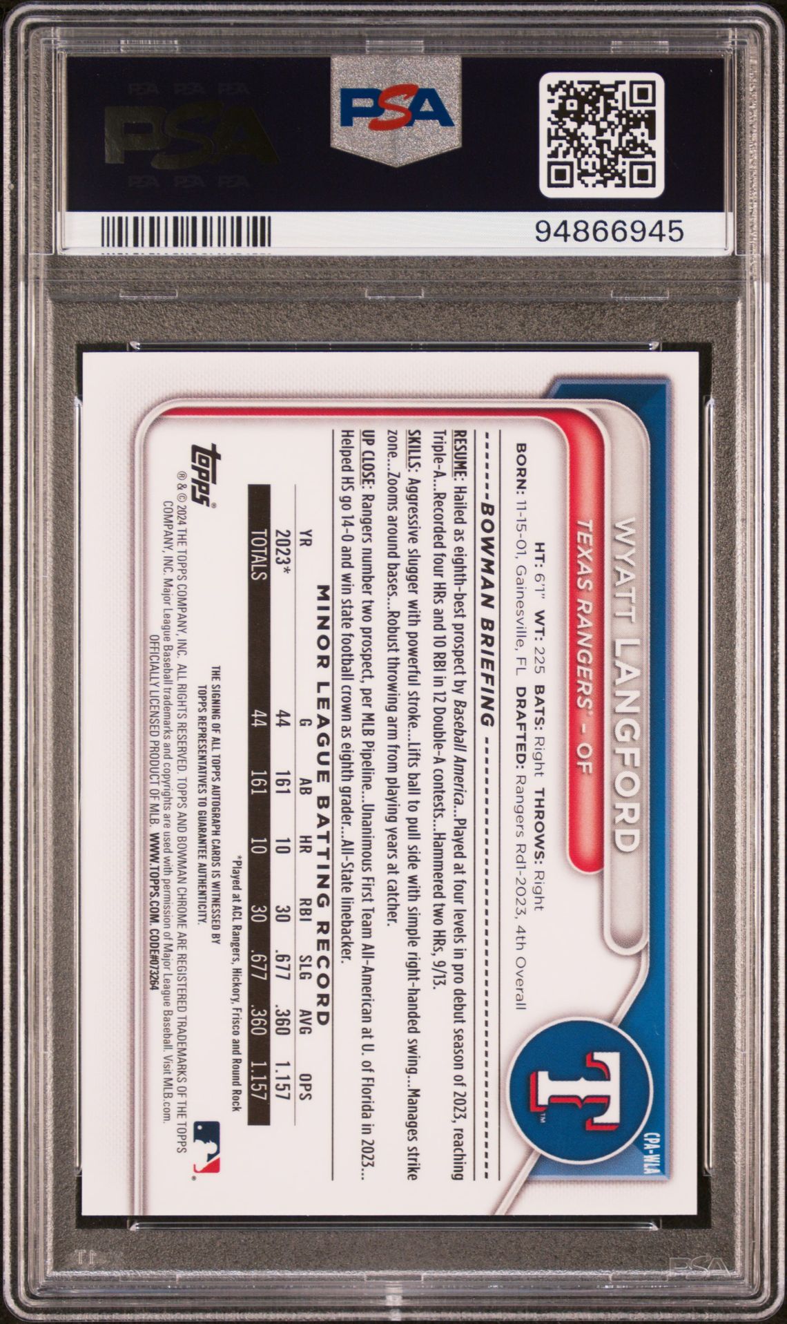 2024 Bowman Chrome Prospect Autographs Wyatt Langford #Cpawla Gem Mt 10 back