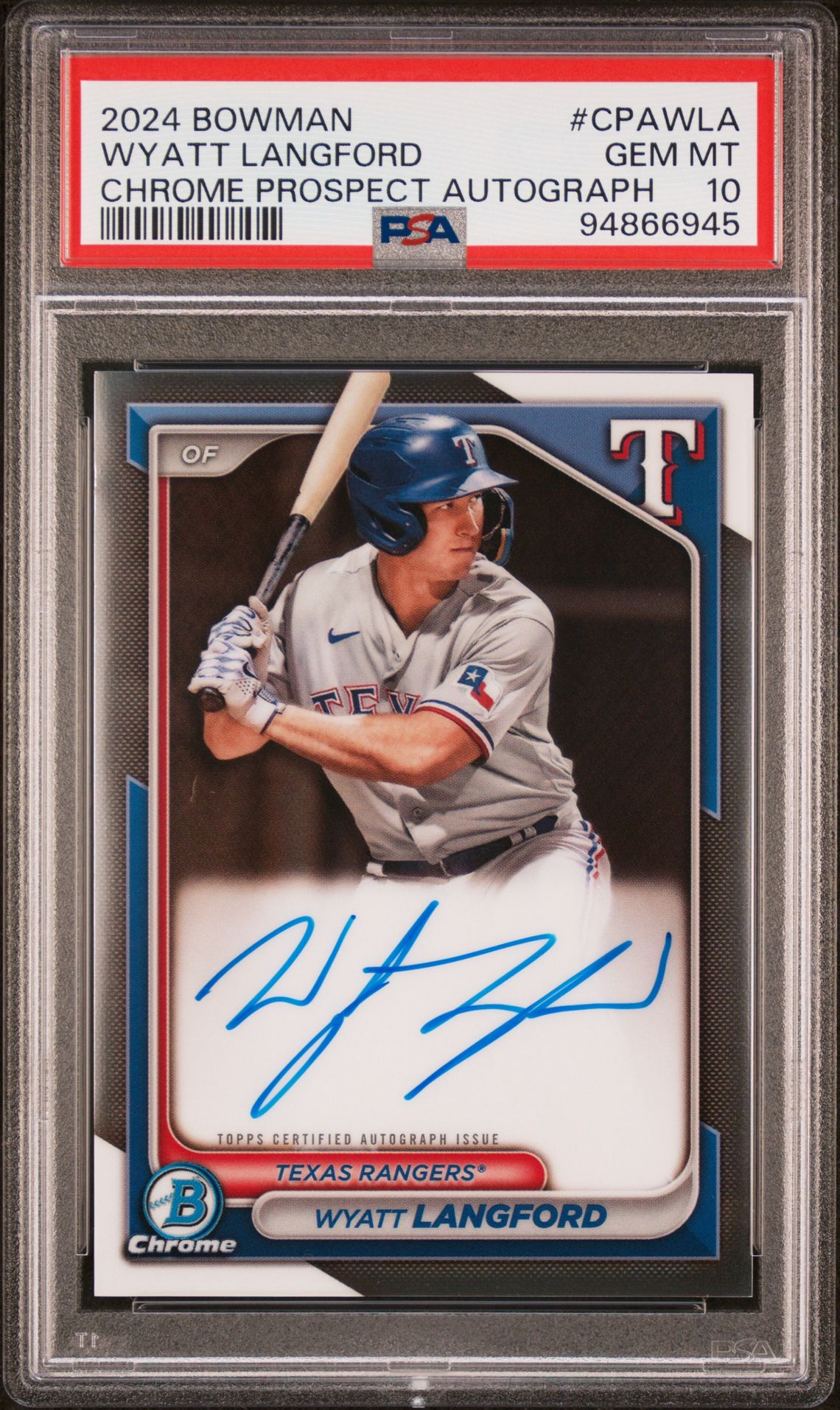 2024 Bowman Chrome Prospect Autographs Wyatt Langford #Cpawla Gem Mt 10 front