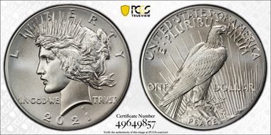 2021 $1 Peace Dollar 100th Anniversary MS70
