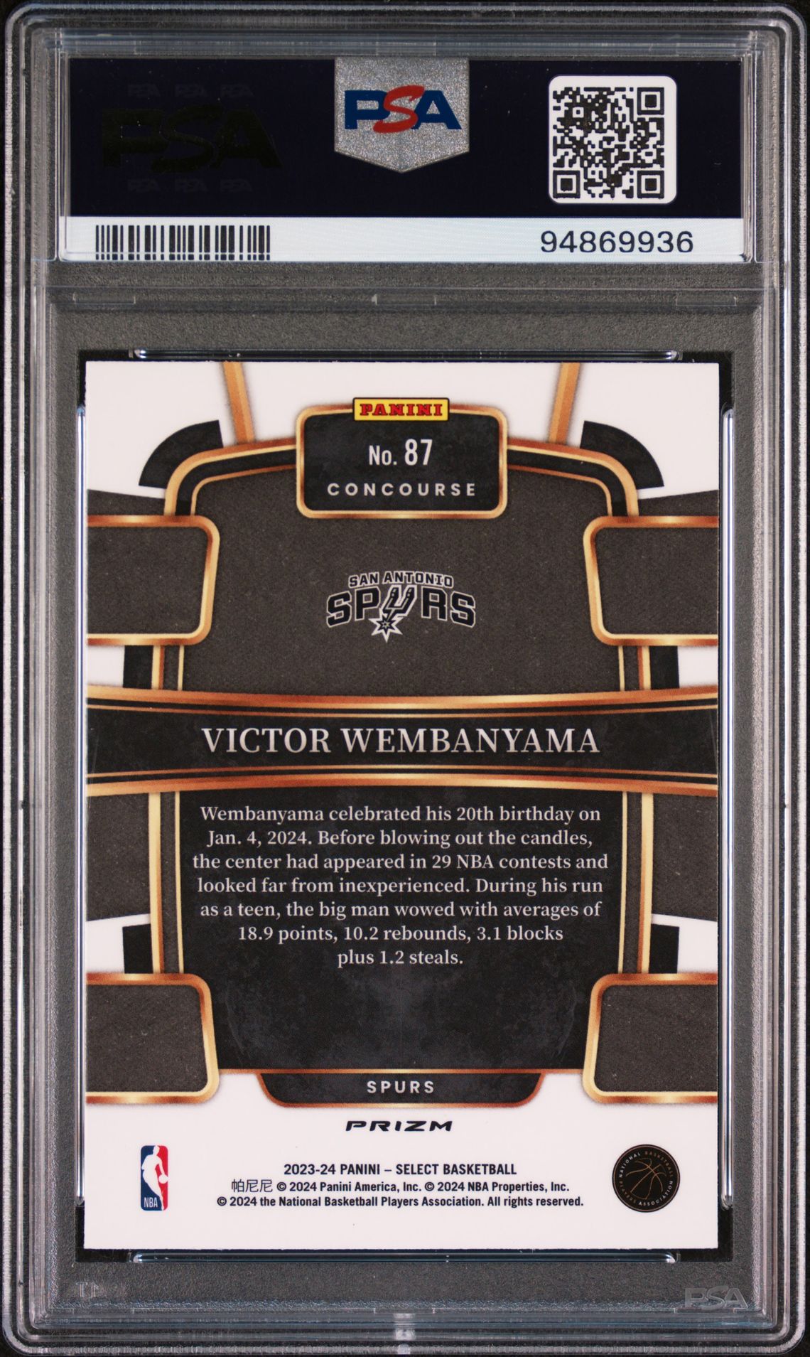 2023 Panini Select Victor Wembanyama #87 (Tectonic) Gem Mt 10 back