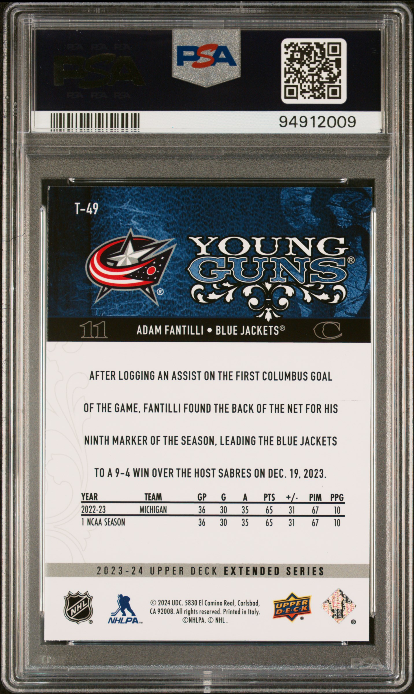 2023 Upper Deck Extended Series 2008-09 Upper Deck Retro Adam Fantilli #T49 ('08-09 Ud Retro) Mint 9 back