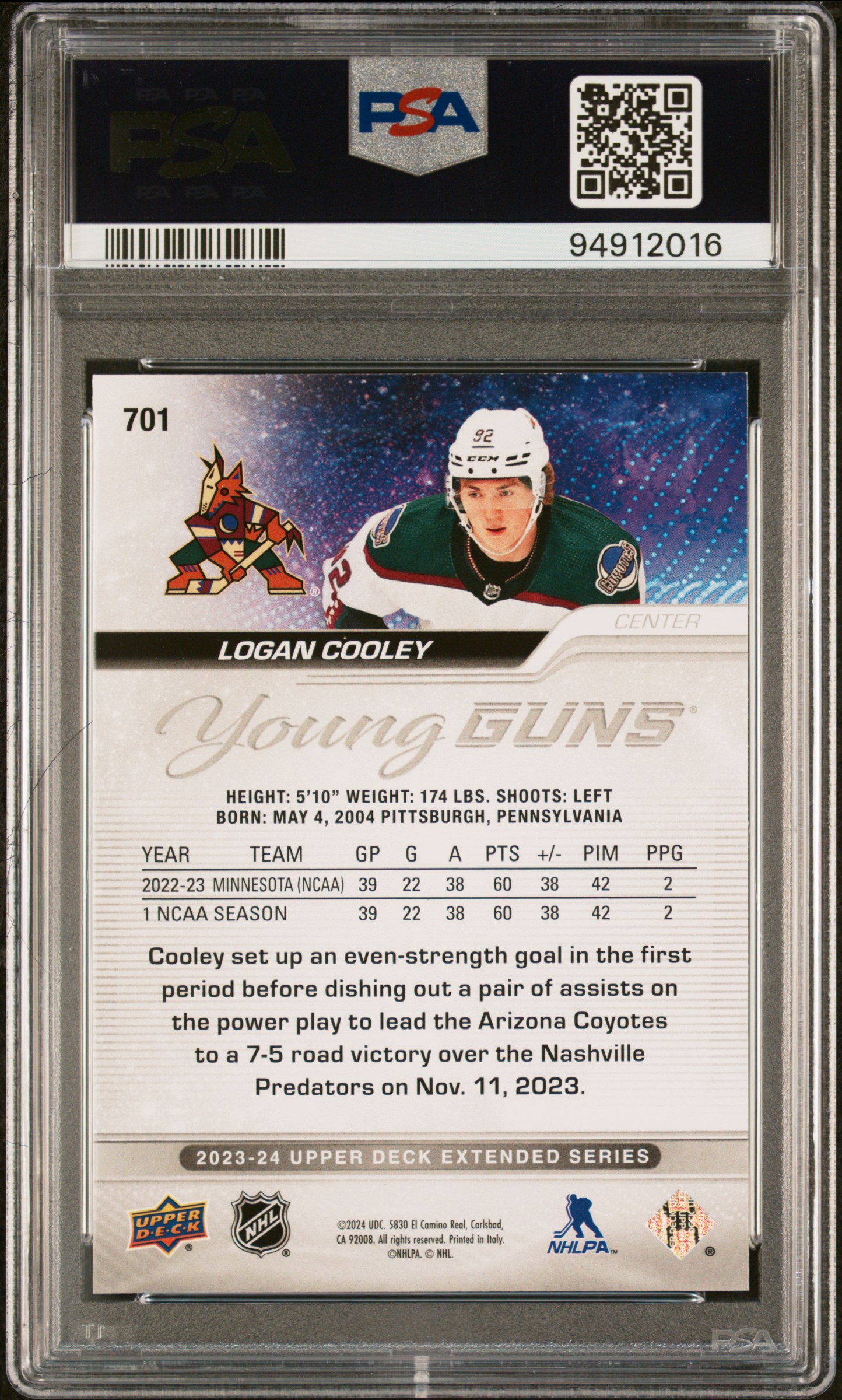 2023 Upper Deck Logan Cooley #701 Mint 9 back