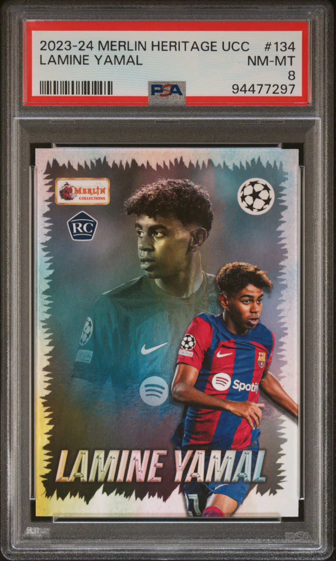2023-24 Topps TOPPS CHROME UEFA CLUB COMPETITIONS BLACK LAZER AUTOGRAPHS BLACK LAZER AUTO-GOLD REF #LY Lamine Yamal front