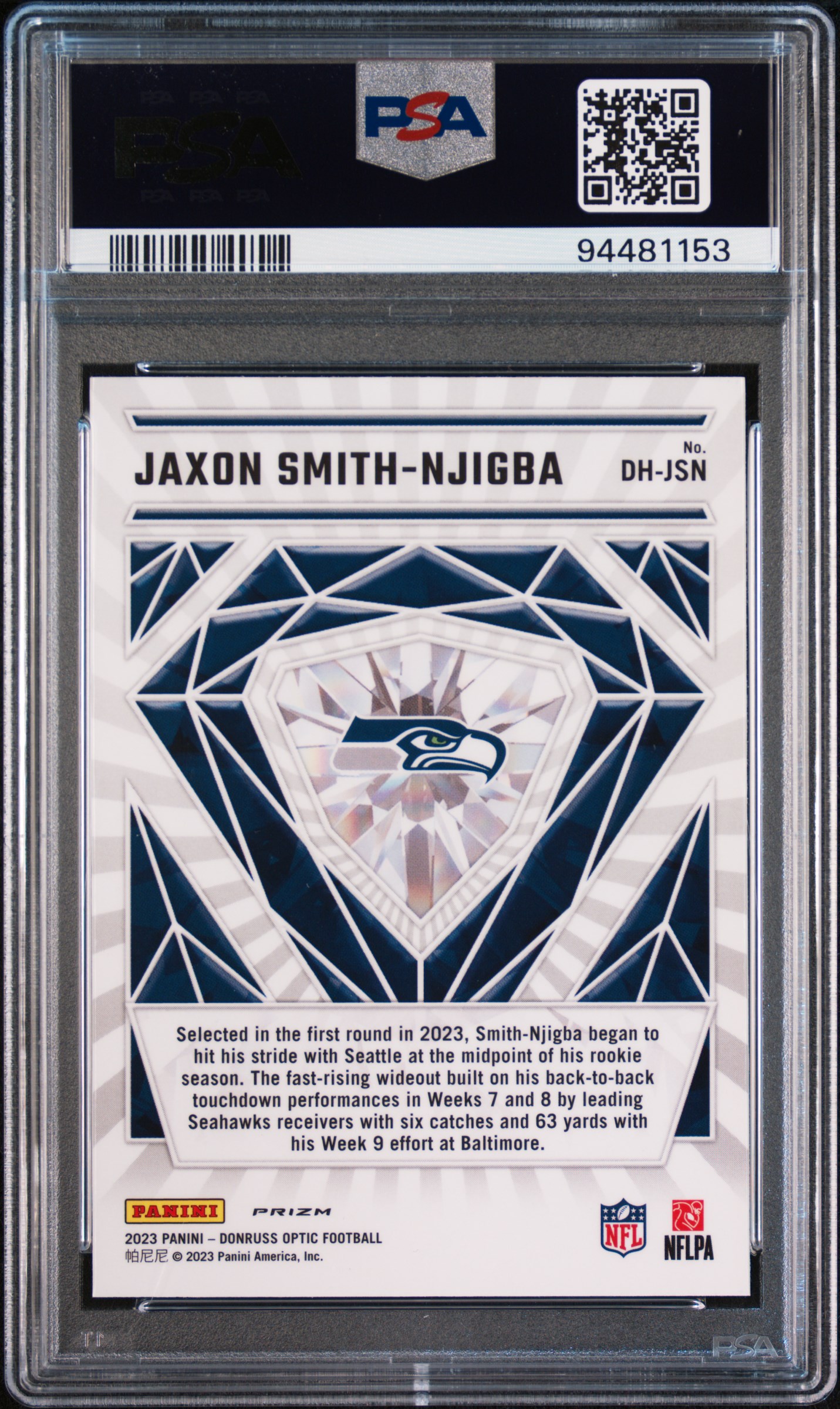 2023 Panini Donruss Optic Diamond Hands Jaxon Smith-Njigba #Dhjsn Gem Mt 10 back