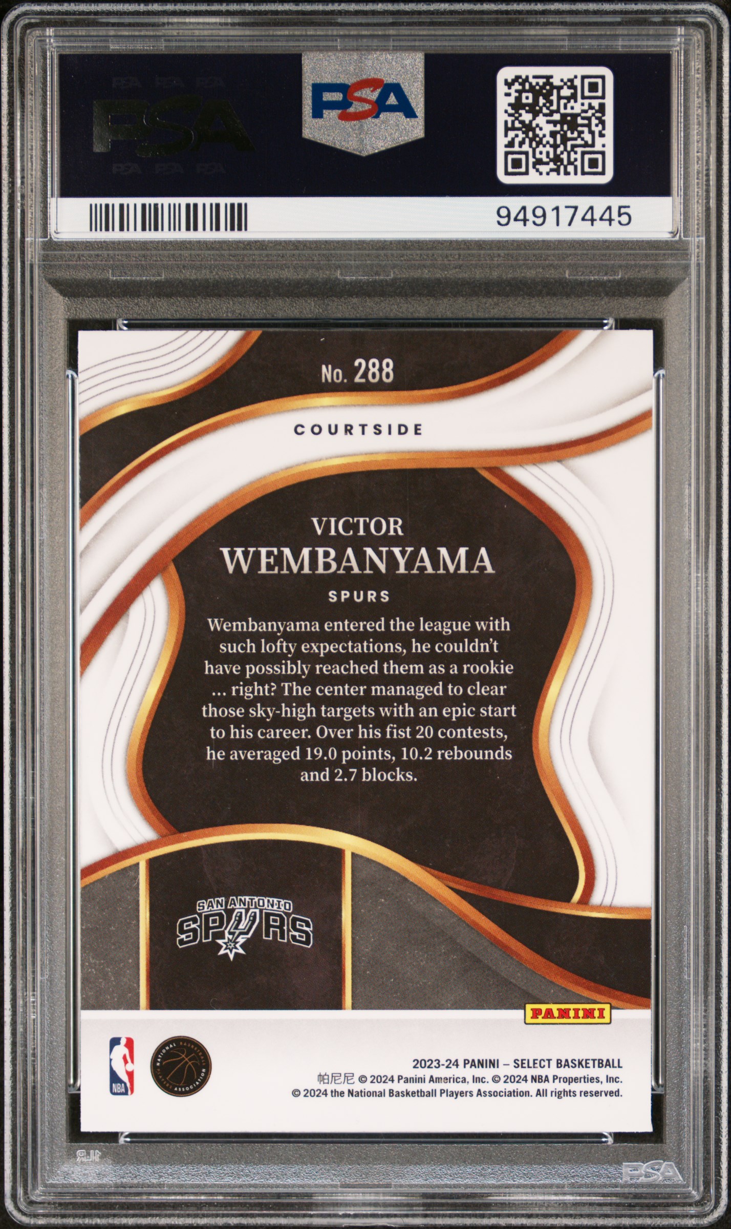 2023 Panini Select Victor Wembanyama #288 (Blue) Gem Mt 10 back