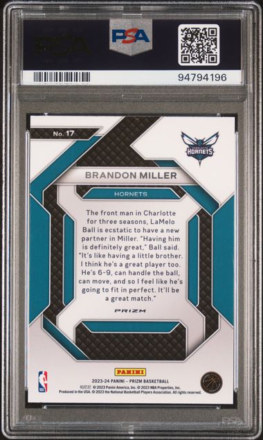 2023 Panini Prizm Emergent Brandon Miller #17 (Emergent-Silver Prizm) Gem Mt 10 back