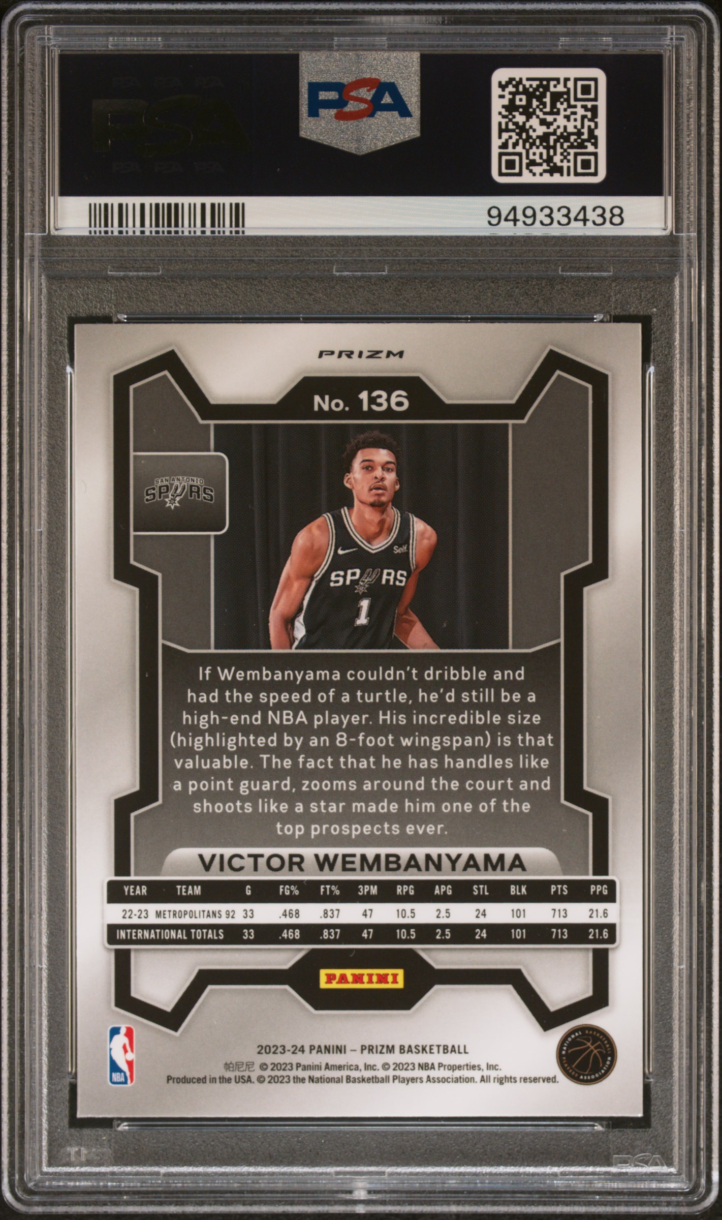 2023 Panini Prizm Victor Wembanyama #136 (Red White Blue) Gem Mt 10 back