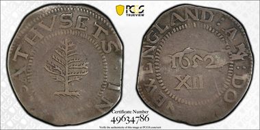 1652 Shilling Pine Tree, Large Planchet, Pellets VF30